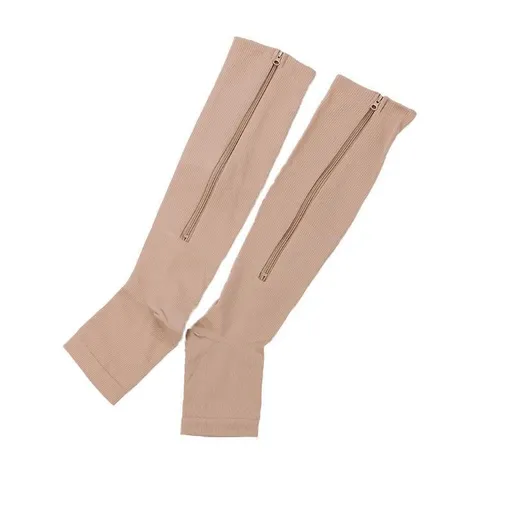 Zip Sox Compression Socks Zipper Leg Support Knee Open Toe Shaper Stockings Beige - L/XL