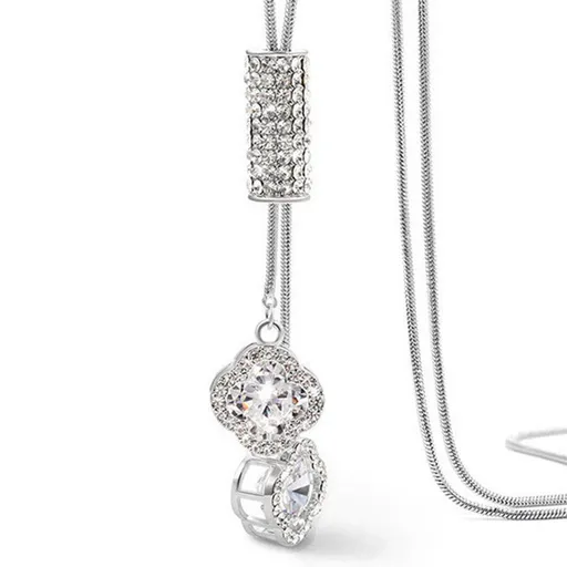 Four Clover Pendant Necklace Long Sweater Chain White Gold Plated Costume Necklace for Women Sweater Chain Statement Necklace
