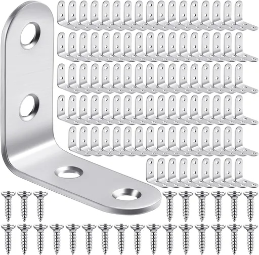 100 Pcs L Shaped Bracket Corner Brace Stainless Steel 90 Degree Corner Brace Heavy Duty Right Angle Bracket for Wood Furniture Chair Drawer Cabinet with Screws (1.57 x 1.57 Inch)
