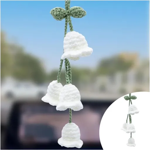 Car Mirror Hanging Accessories, Cute Crochet Suzuran Car Rearview Mirror Charm, Handmade Knitting, Fit for Backpack, Keychain (White)