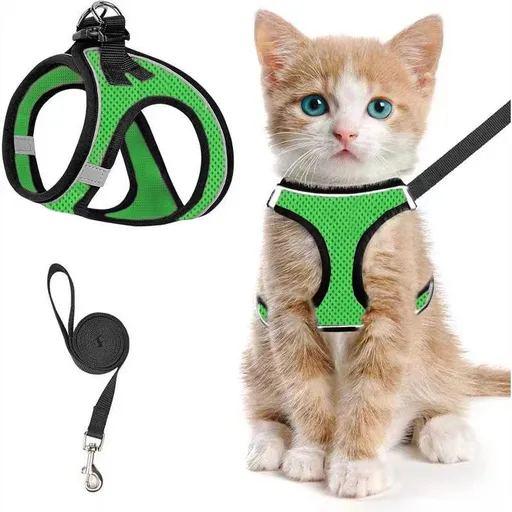 Escape-Proof Cat Harness and Leash Set with Reflective Soft Mesh Vest for Safe Outdoor Adventures with Your Feline Friend (S, Green)