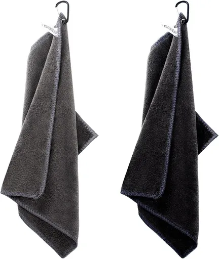 2 pieces golf towels- absorbent cleaning towels- multifunctional towels with carabiner for golf bags- fitness- sport- outdoor- yoga (2 colours)- black