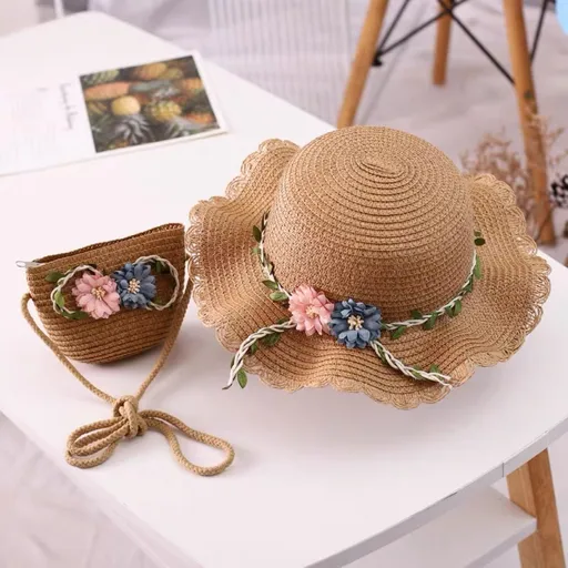 Straw Hat and Matching Purse Set Breathable Wide Brim Sun Protection Floral Design Khaki