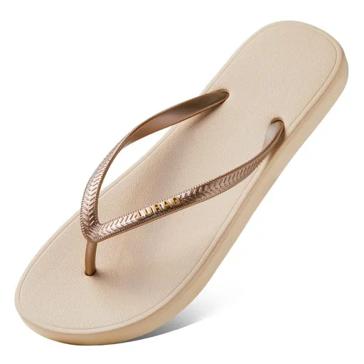 Beige EVA Flip Flops - 23cm Insole, Lightweight Flat Thongs with Textured Footbed and Wear Resistant Sole, Summer Beach Sandals for Women and Casual Outdoor Wear