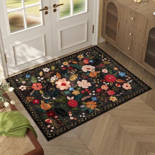 doormat - Indoor doormat - printed indoor doormat - Machine washable - vintage pattern - Boho style - Small rug with floral motif - Non-slip low-pile rug for entrance, kitchen, front door, hallway, children's room - 50 x 80cm - black