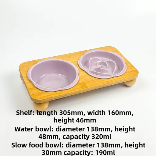 Purple Ceramic Floral Cat Slow Feeder(190ML) & Water Bowl(320ML) Set - Dishwasher Safe Pet Dual Dining Kit with Neck-Friendly Elevated Stand