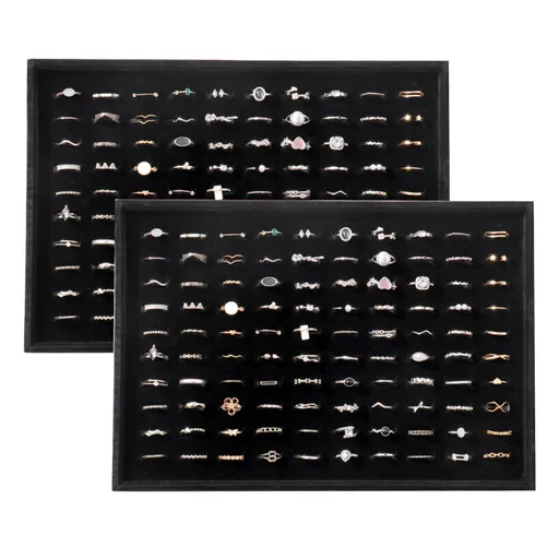 Large Velvet Jewelry Tray Display Drawer Inserts 2 Pack Stackable Jewelry Organizer for Earring Bracelet Necklace Ring Ring 81 Slots - Black - Size Ring 81 Slots