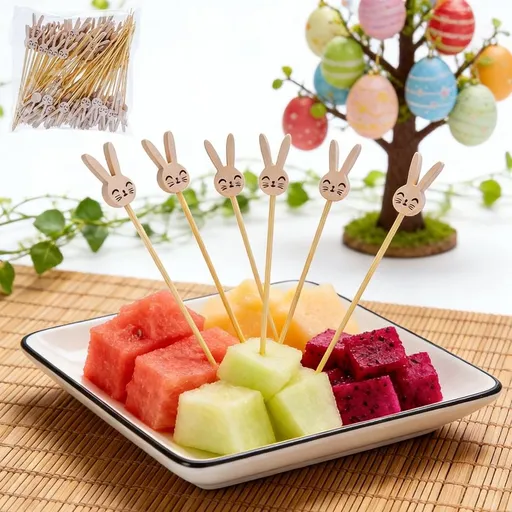 Disposable Wooden Fruit Skewers 100 Pcs - Gray Rabbit Shaped Toothpicks for Cocktail Sandwich & Fruit - Biodegradable Eco Friendly Party Picks - 4.72 Inches Long