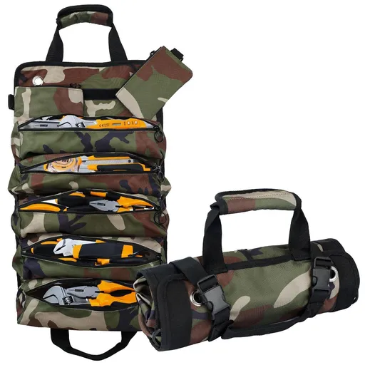 Portable Foldable Roll Up Tool Bag, Heavy Duty Tool Organizer Bag with 5 Compartments & 2 Detachable Pouches for Tools Storage, Waterproof Tool Roll Bag for Dad Men Electrician Mechanic Gifts - Camouflage - Size 21.3*12.6in