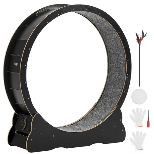 Cat Exercise Wheel, 120 cm Wooden Cat Running Wheel for Indoor Cats up to 12.7 kg, Cats Treadmill with Carpeted Runway & Locking Mechanism, Quiet Kitten Sport Toys for Pets Fitness, Black