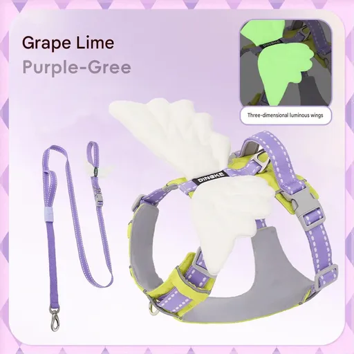 Adorable Angel Wings Dog Harness with Glowing 3D Luminous Design, Breathable No-Pull Walking Vest for Puppies and Small to Large Dogs, Soft Padded Outdoor Gear with Matching Leash Option Available (Purple (Harness+Leash Set), M)