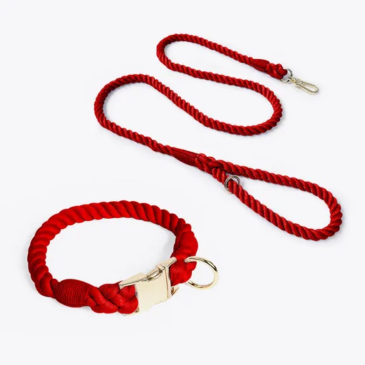 Handmade Rope Dog Collar and Leash Set - Colorful Woven Cotton Cotton (Wine red - Size L)