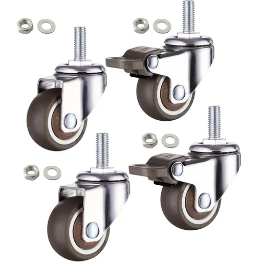 1.5 Inch Shopping Cart Wheel Trolley Swivel Caster Wheels Soft Rubber TPE M8x Threaded Stem Caster Wheel (2 with Brakes),Set of 4