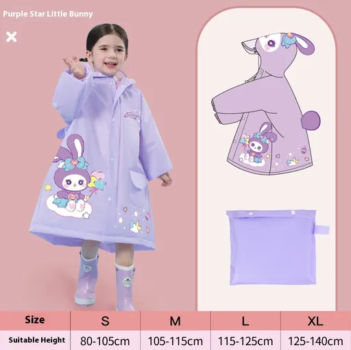 Purple rabbit Kids Waterproof Raincoat with Expandable Backpack Slot Hooded Rain Jacket for Boys & Girls School & Outdoor(size:L)