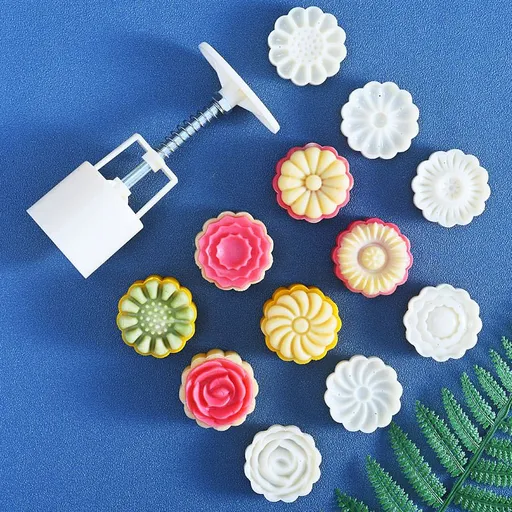 Pink Chinese flower moon cake press mold, moon cake puff pastry 1 mold with 6 stamps for various holidays, parties (6*Flower)