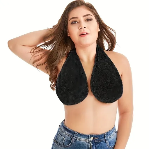Black Breathable Wool Towel Bra with Supportive Anti-Chafe Deisgn - Sweat-Wicking Halter Neck Lounge Bralette (M Size)