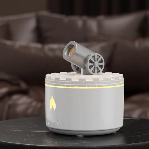 Cannon-Shaped Smoke Ring Aroma Diffuser and Humidifier, 2 Mist Modes, RGB Color-Changing Lava Lamp Essential Oil Diffuser, for Home Desk - White Silver