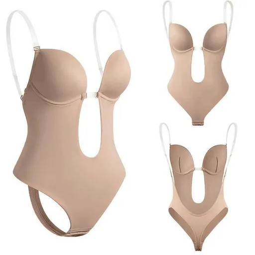 M Size Women Deep U Plunge Seamless Push Up Bra Thong Backless Bodysuit - Skin
