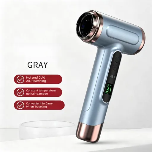 Gray wireless Hair Dryer with Cold & Hot Air, Portable Large-Capacity Rechargeable Ionic Dryer, Fast-Drying, Lightweight and Compact for Home and Travel