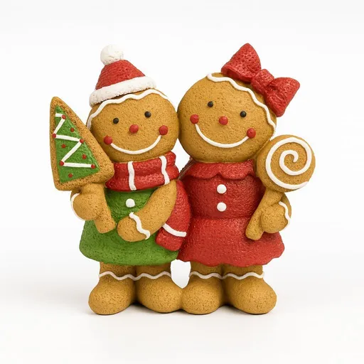 Christmas Gingerbread Couple Resin Figurine – Hand-Painted Holiday Décor, Boy with Tree Cookie & Girl with Bow and Swirl Lollipop, Tabletop/Mantel Accent (Brown Gingerbread)
