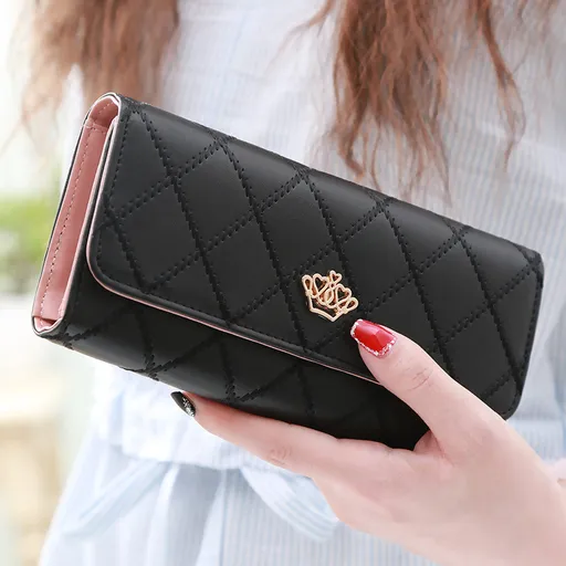 Christmas gift Women's Quilted Leather Wallet, Stylish Long Clutch with Heart Accent, for Cards & Cash Organization（black）