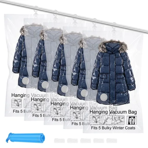 5 Pack Hanging Vacuum Storage Bag with Pump, Hanging Vacuum Seal Bag for Clothing Suit Closet Storage Clothes Cover for Jacket Blanket