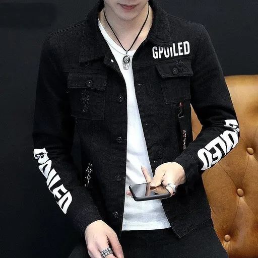 Tiwang Men Slim Korean Denim Jacket Long Sleeve Chao Brand House 181 Black