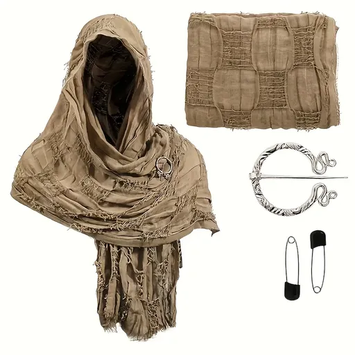 Distressed Linen Blend Shawl Grunge Fringe Scarf, Celtic Retro Unisex Bohemian Wrap with Brooch for Fall Winter/khaki