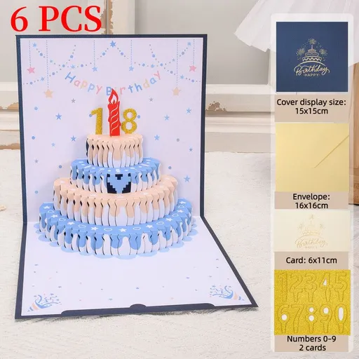 6-Pack - DIY Replaceable Number Cake 3D Pop-Up Birthday Cards, Papercut Foldable Greeting Gift Cards - Blue
