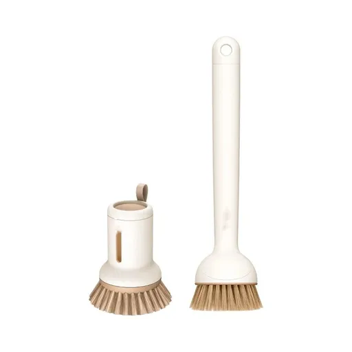 2 pack Dish Brush Set with Soap Dispensing Palm Brush Dish Scrub Brush with Soap Dispenser Palm Dish Brush Kitchen Cleaning Brush with Ergonomic Long Handle for Cleaning Sink, Pot, Pan, Cream Yellow