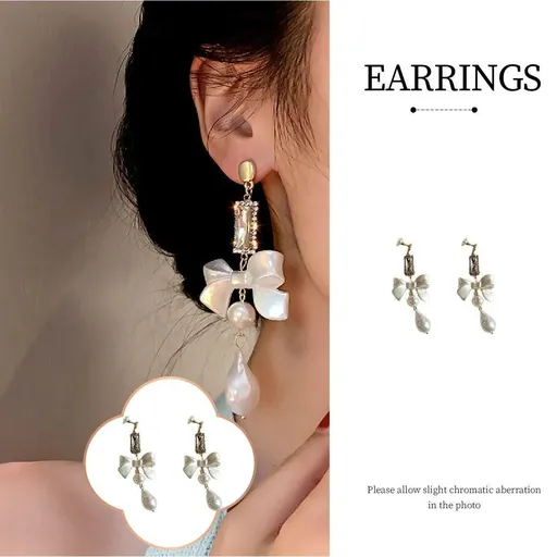 Sweet White Bow Long Earrings for Girls Elegant Fashion Dangle Jewelry Gift