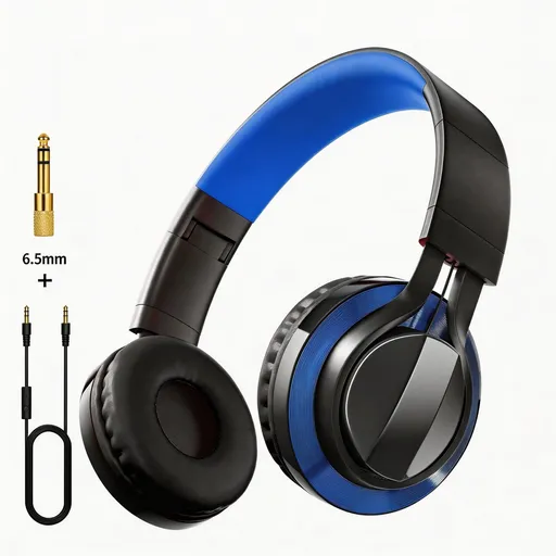 Wired Over-Ear Headset, Portable Folding Heavy Bass Headphones, Built-in Microphone, Compatible with Multiple Devices(black and blue color)