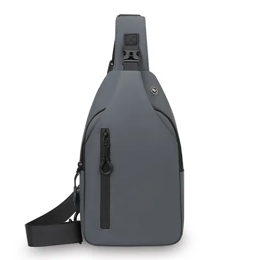 Grey Waterproof Unisex Chest Bag with USB Charging & Headphone Port - 3-Layer Large Capacity PU Leather Crossbody Bag