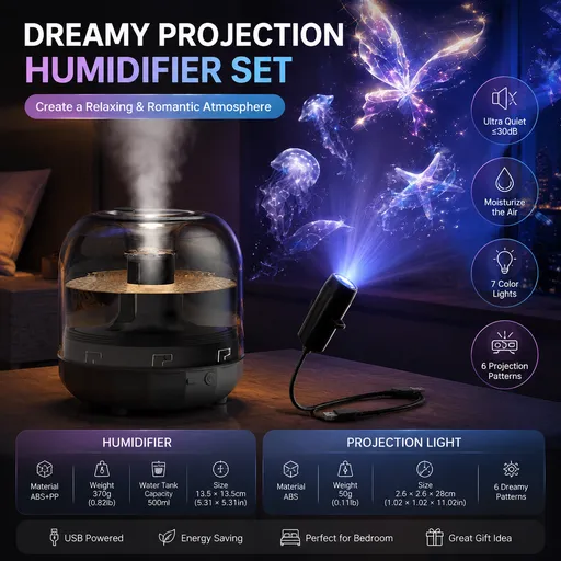 2-piece Bedroom Atmosphere Bundle –Black Ultrasonic Aroma diffuser Humidifier & Dreamy Butterfly and Marine Life Series Projector Night Light for Relaxing Home Decor, Perfect Gift for Her