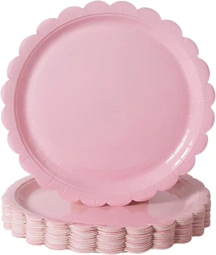 50PCS Scalloped Disposable Paper Plates Dessert Cake Party Plates for Baby Shower, Wedding,Bridal Shower Birthday Party Supplies (Pink, 7IN)