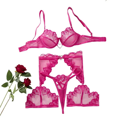 House Of Dasein Love Embroidery Perspective Mesh Sexy Lingerie Thong Set - Rose Red - L
