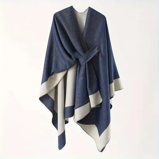 Solid Color Striped-Border Faux Cashmere Shawl Scarf, Minimalist Versatile Autumn Winter Warmth Elegant Accessory.(navy blue）