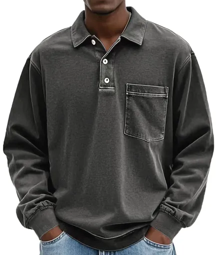 XL Black Men's Premium Long Sleeve Polo Shirt | Vintage Washed Relaxed Fit | Casual Loose Buttoned Lapel Top
