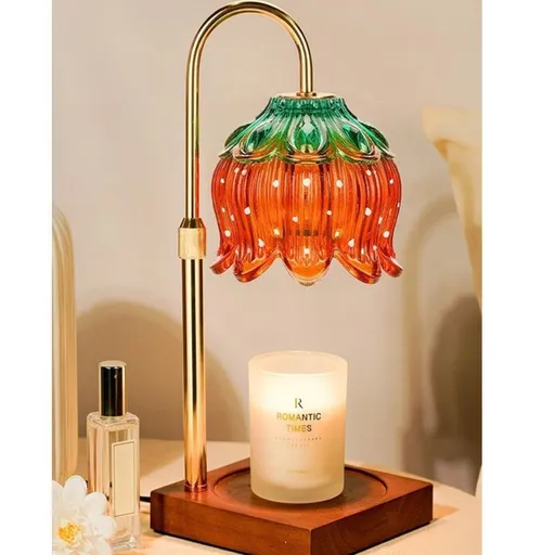 Lotus-Shaped Adjustable, Timed, Dimmable Candle Warmer Lamp, Wood Base Aroma Table Lamp, Candle Not Included—Red