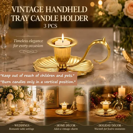 Vintage Handheld Tray Candle Holder 3 Pcs Kit, High-End Table Centerpiece Decor, Complete Decor Gift Pack, Gold