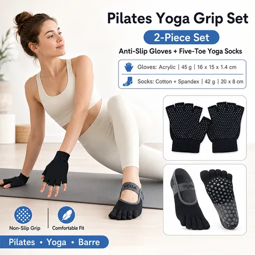 Black Yoga Gloves and Five Toe Socks Set - Acrylic Knit Half Finger Gloves with Silicone Dots, Cotton Blend Non-Slip Socks for Pilates, Dance, and Indoor Fitness Training