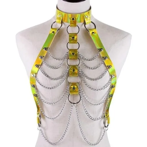 House Of Dasein Holographic Chain Harness Women Body Fetish Clothing - Gold