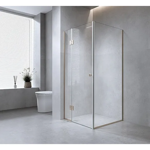 120x110cm Corner Frameless Shower Screen – White Wall Channel and Floor Channel with Brass Hinges for Elegant Bathrooms