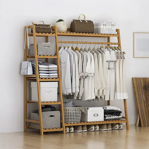 Portable Clothes Rack Coat Garment Stand Bamboo Rail Hanger Airer Closet