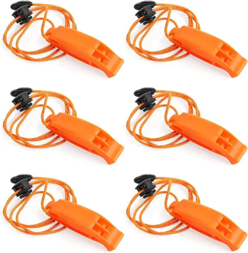 6 pieces - Emergency whistle - survival whistles - dual frequency - emergency whistle - with reflective cord, adjustable clip - emergency whistle survival whistle - for rescue operations in nature, hiking, camping, hunting and safety at sea - orange