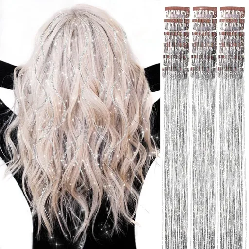18 Piece Silver Hair Tinsel Extension Set, Heat Resistant, for Women and Girls