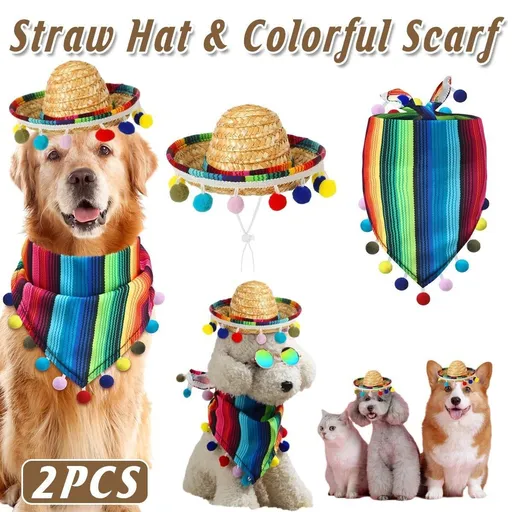 2pcs Striped Triangle Scarf Colourful Hairball Pet Straw Hat Scarf Set for Pets