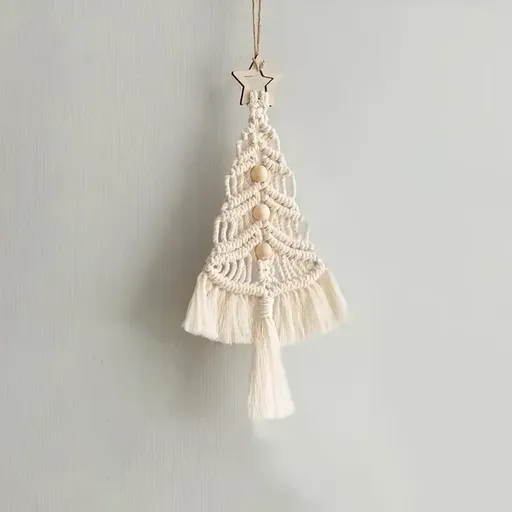 Bohemian woven Christmas tree wall hanging, handmade from pure cotton, accented with wooden beads and tassels, an artistic and healing holiday decoration. (Creamy White)
