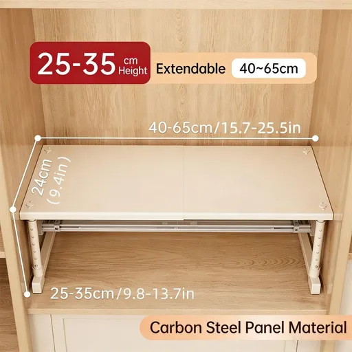 Extendable Wardrobe Divider Shelf Expandable Storage Organizer 15.7-25.6 Inches Adjustable Cabinet Rack White Steel Telescopic for Pantry Kitchen Closet Heavy Load Bearing