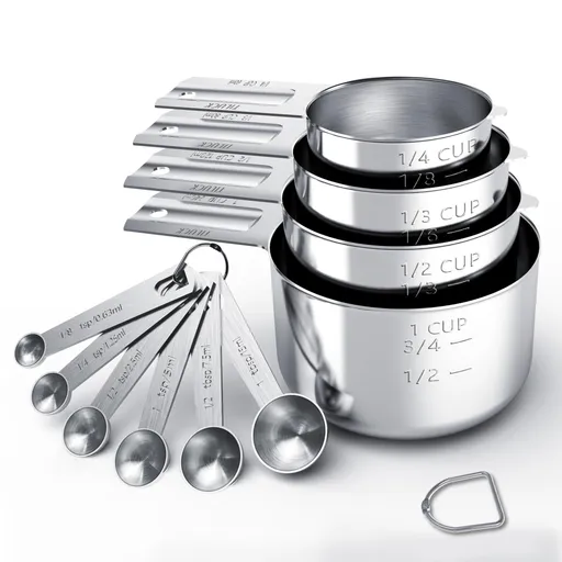 10-Piece Stainless Steel Measuring Cup and Spoon Set with Engraved Dual-Scale Markings, Nesting Design, Hanging Ring, and Compact Storage—Ideal for Baking, Cooking, and Portion Control in Home Kitchens (Silver)